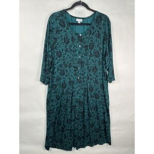 J Jill Dress 2XL Viridian Deco Scroll Green Floral Pleated Button Up Stretch